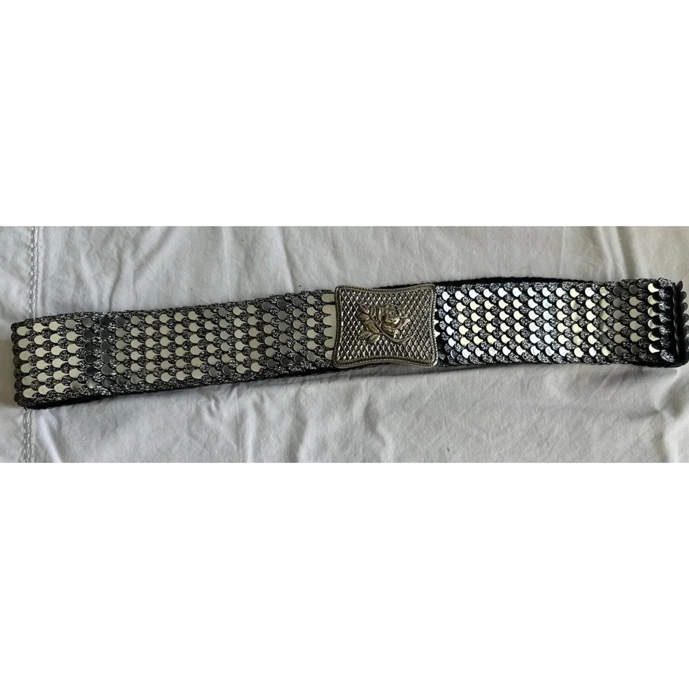 Vintage Metal Big Silver Tone Buckle Stretch Dress Blue Belt Scales Flower